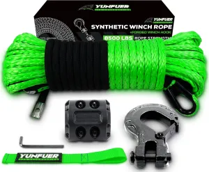 Synthetic Winch Rope Cable Kit, 3/16" x 50ft 8500LBS Green Winch Rope with Protective Sleeve, Forged Winch Hook, Rubber Stopper and Safety Pull Strap for ATV UTV