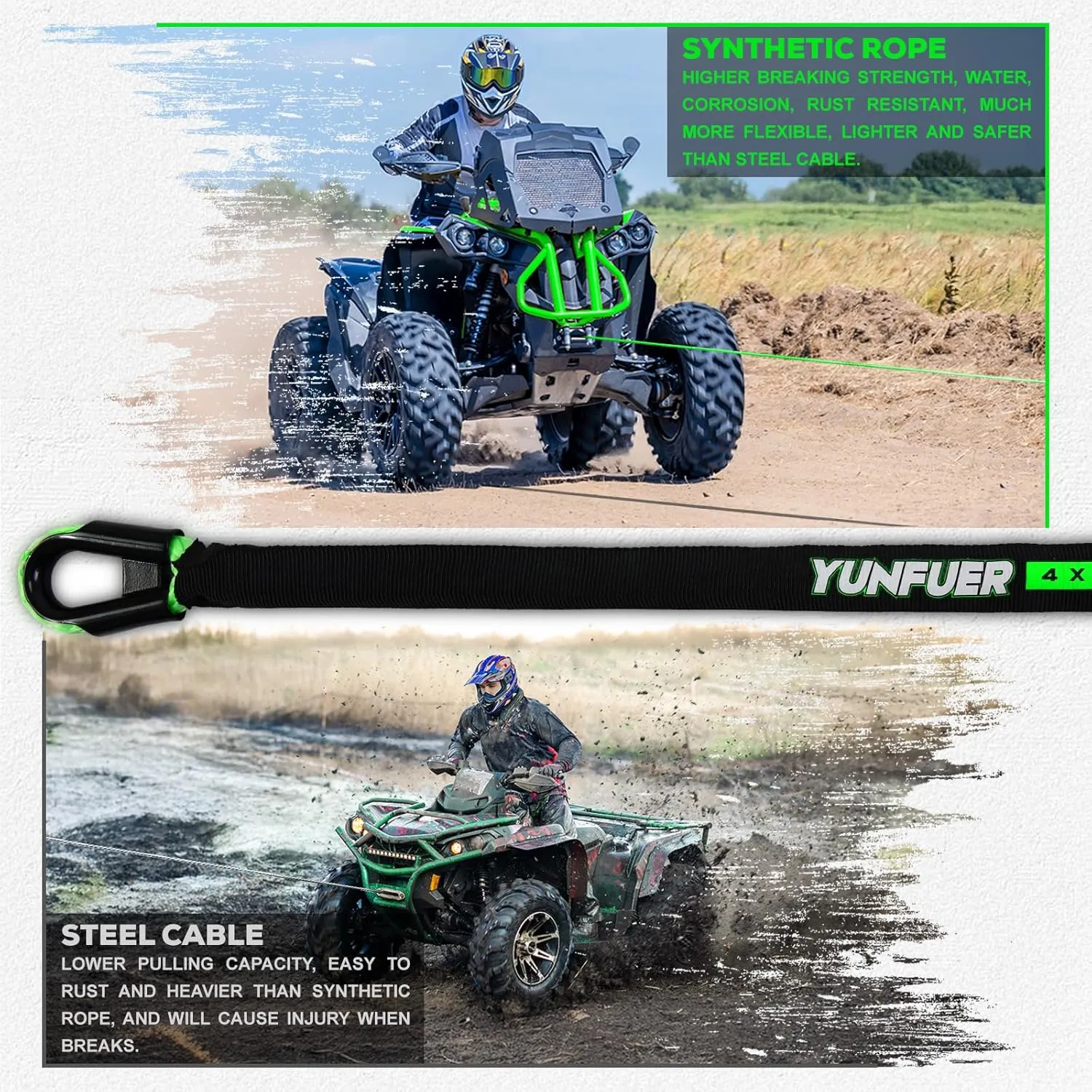 Synthetic Winch Rope Cable Kit, 3/16" x 50ft 8500LBS Green Winch Rope with Protective Sleeve, Forged Winch Hook, Rubber Stopper and Safety Pull Strap for ATV UTV