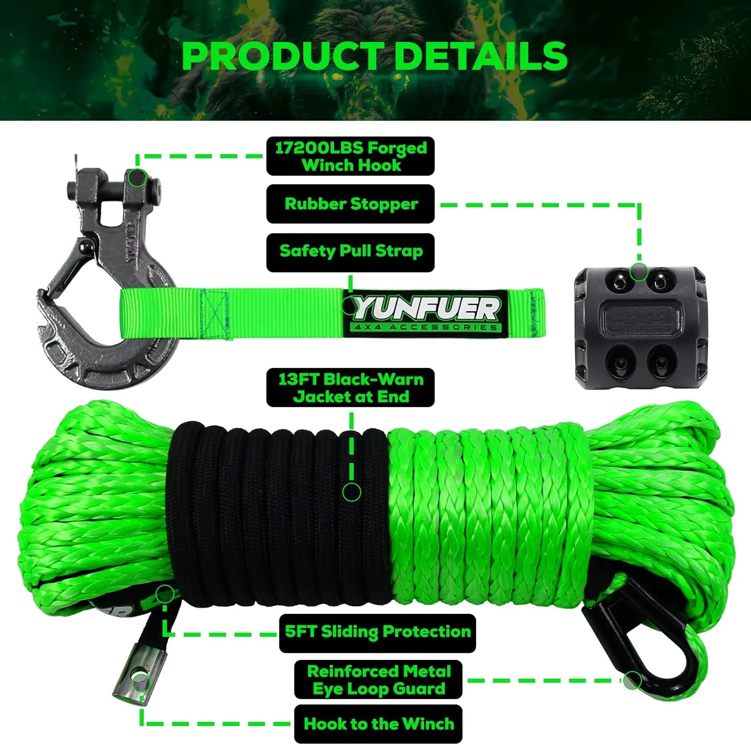 Synthetic Winch Rope Cable Kit, 3/16" x 50ft 8500LBS Green Winch Rope with Protective Sleeve, Forged Winch Hook, Rubber Stopper and Safety Pull Strap for ATV UTV