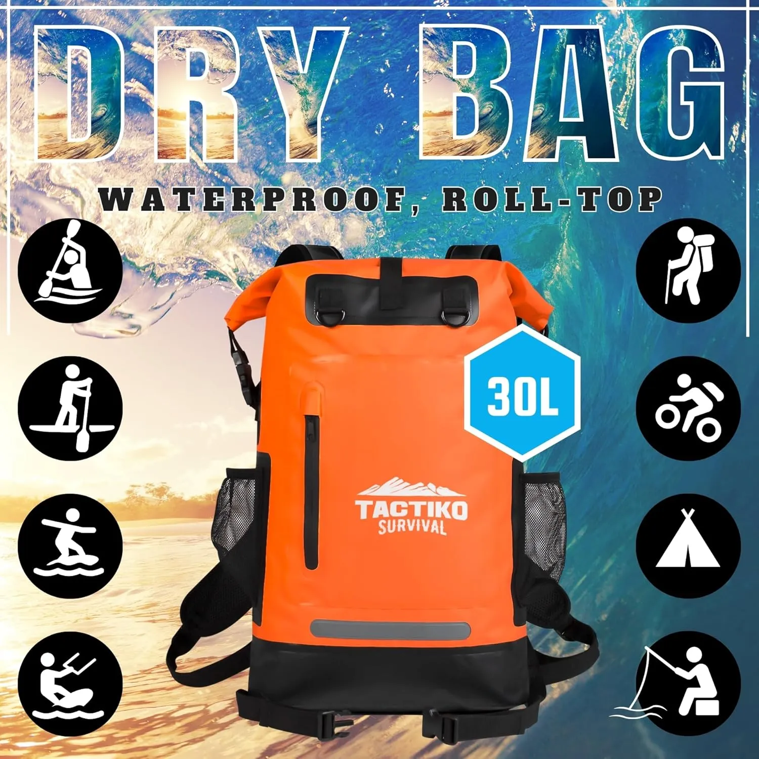 TACTIKO 30L Heavy-Duty 100% Waterproof Backpack, Roll Top Dry Bags for Kayaking, Hiking, Camping, Survival