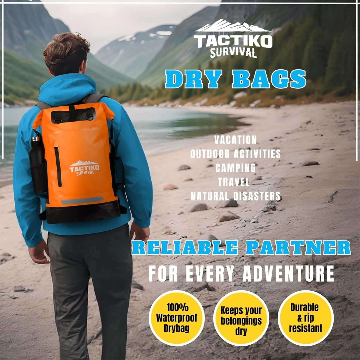 TACTIKO 30L Heavy-Duty 100% Waterproof Backpack, Roll Top Dry Bags for Kayaking, Hiking, Camping, Survival