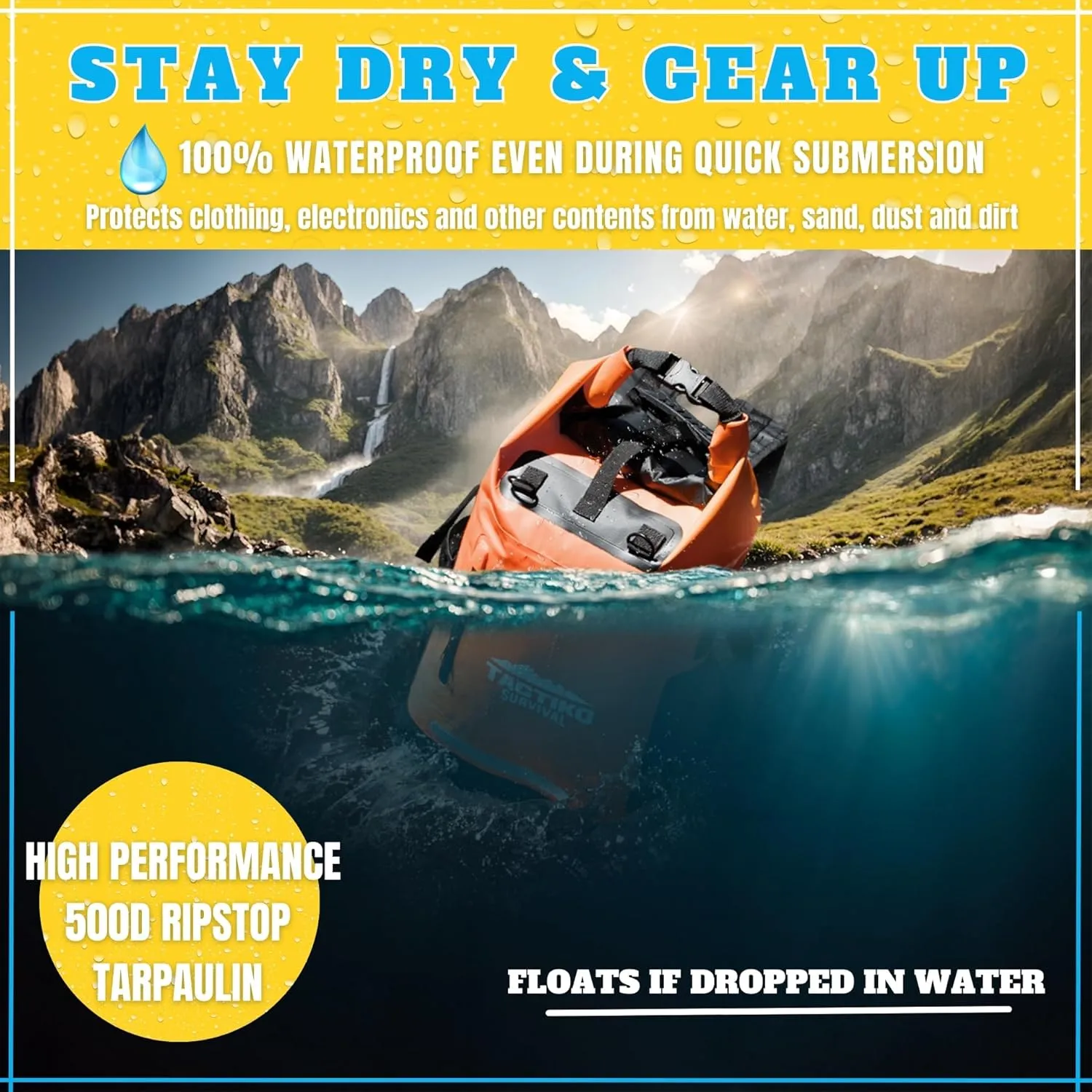 TACTIKO 30L Heavy-Duty 100% Waterproof Backpack, Roll Top Dry Bags for Kayaking, Hiking, Camping, Survival
