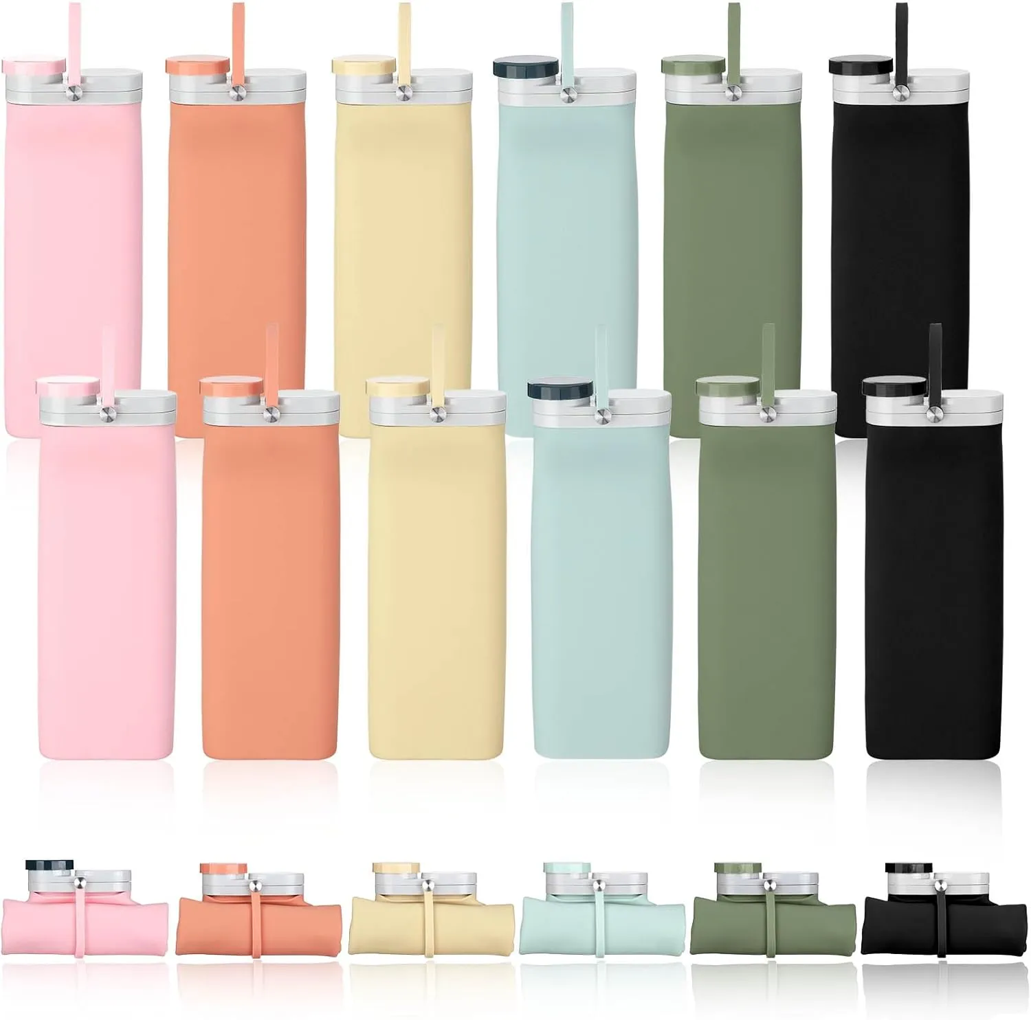 Tanlade 12 Pcs Collapsible Water Bottles Roll Up Portable Silicone Water Bottle Folding Lightweight Leak Proof Foldable Water Bottles Container for Travel Hiking Sports Running Fitness, 20 OZ, 6 Color