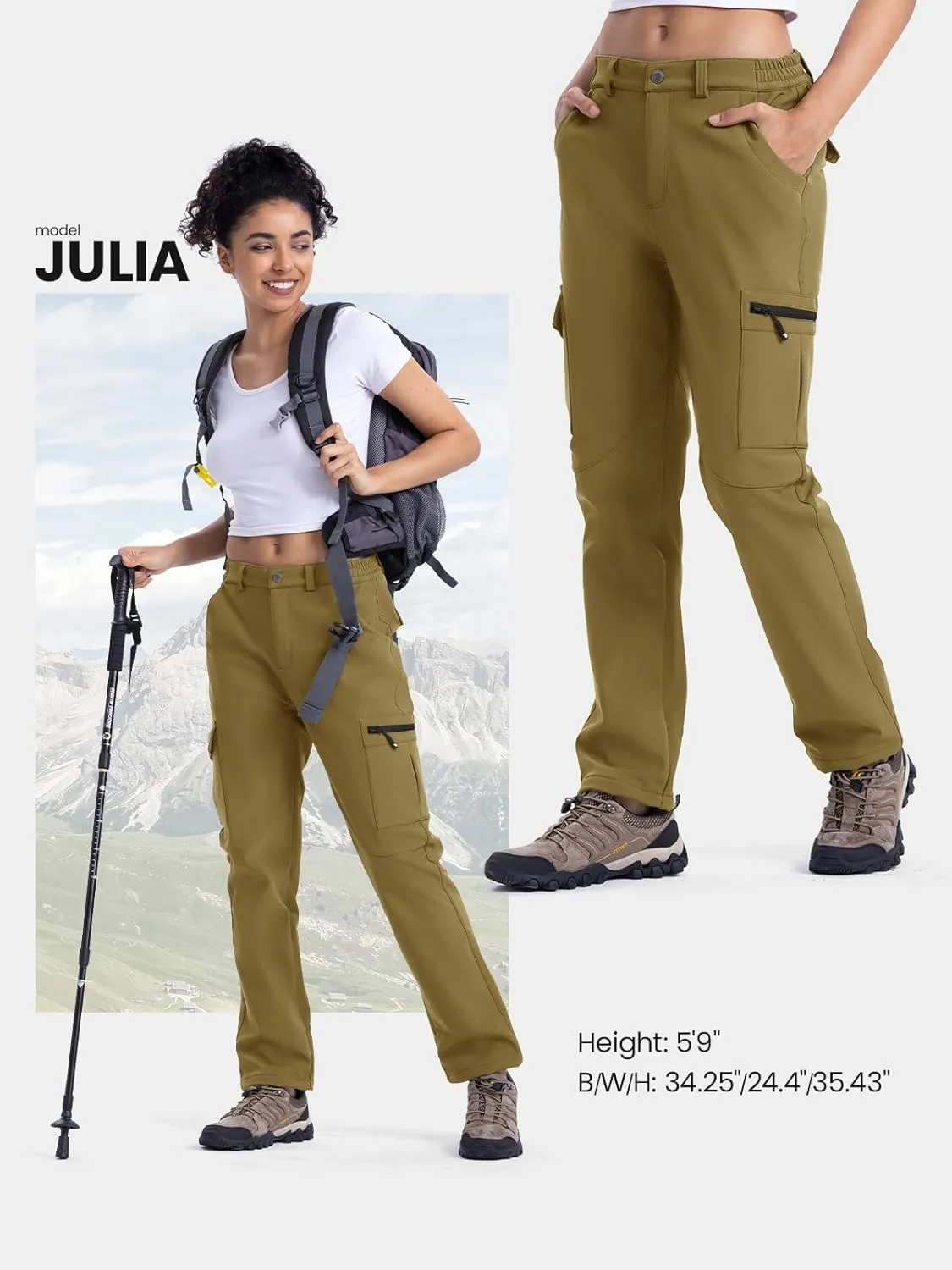 TBMPOY Women's Hiking Cargo Pants Outdoor Waterproof Windproof Softshell Fleece Snow Pants