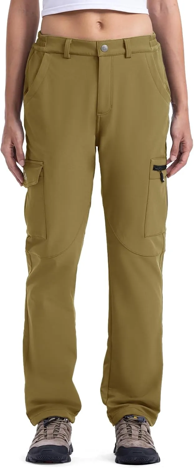TBMPOY Women's Hiking Cargo Pants Outdoor Waterproof Windproof Softshell Fleece Snow Pants