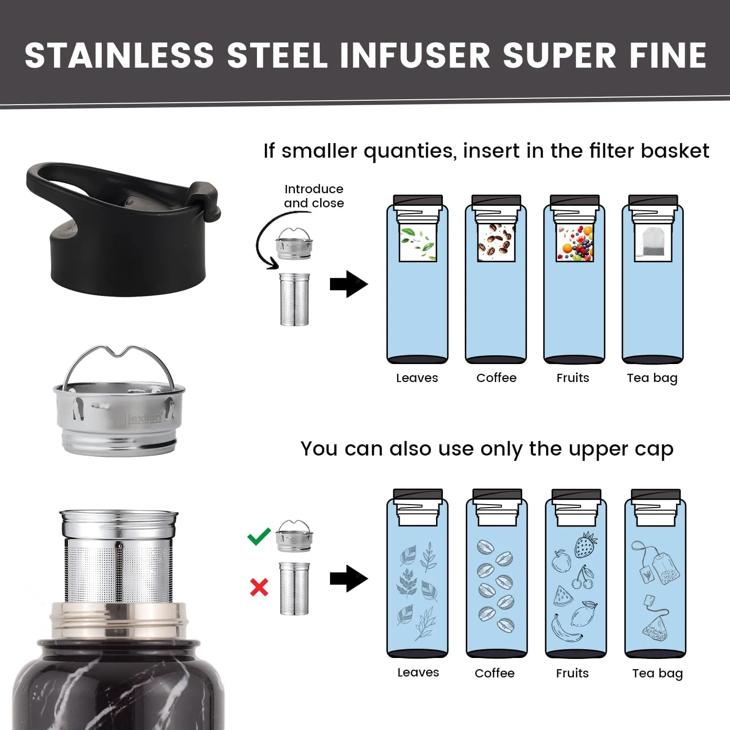 Tea Infuser Bottle - Fruit Infuser Water Bottles 22 Oz, Triple Walled Insulated Stainless Steel Bottle, Thermal Leaf Infuser, Silicone Sleeve, 3 Lids Leakproof, Metal Mug Gallon