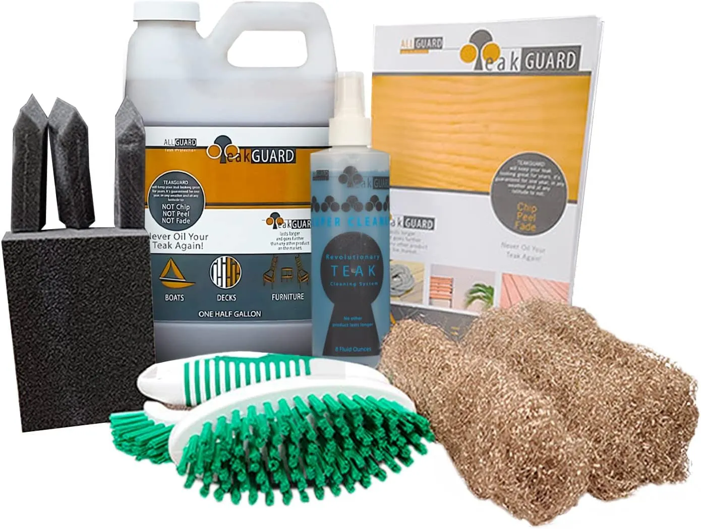 Teak Cleaning Supplies Bundle Featuring 64oz Teak Brightener and Finish, Super Cleaner 8 oz, Wood Scrub Brush, Foam Brushes & Bronze Wool, Water-Based & Safe