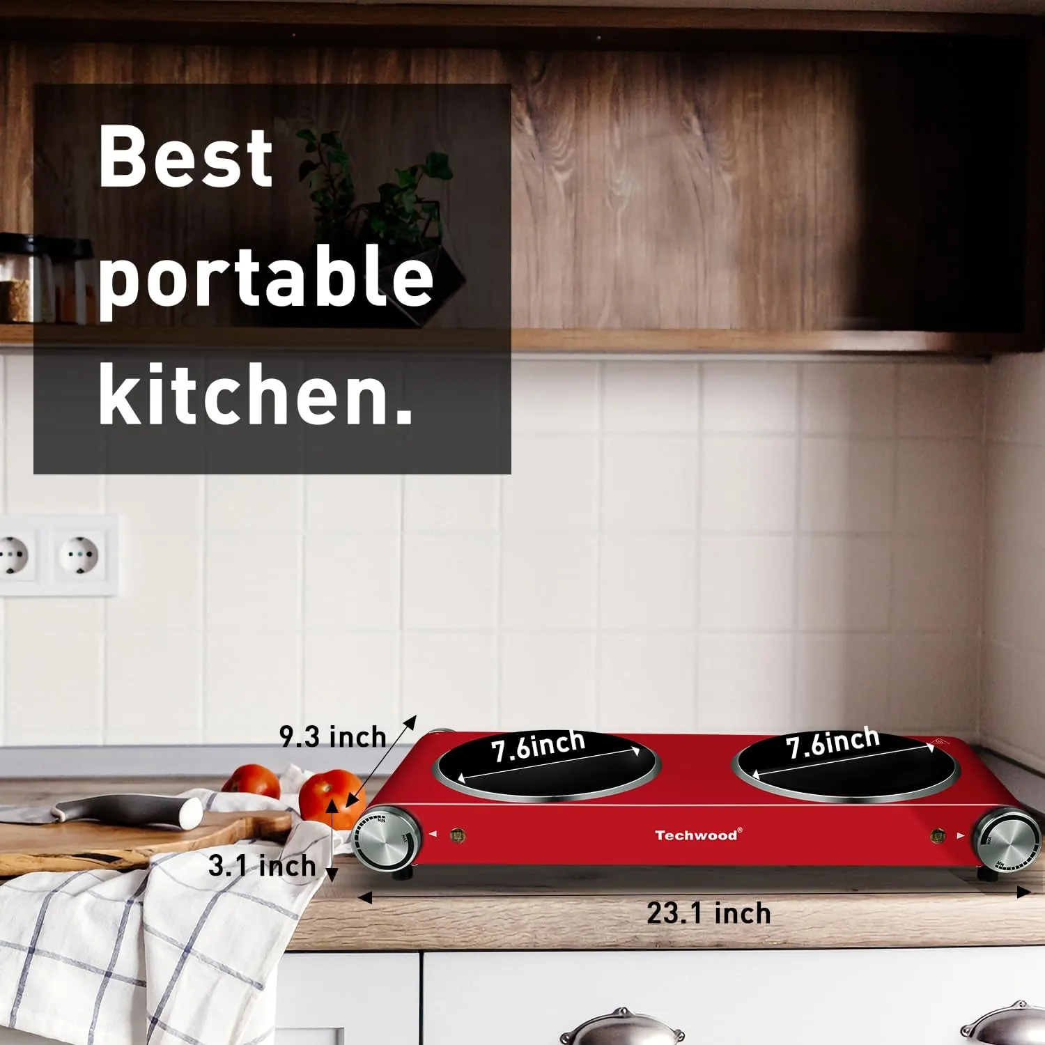 Techwood Double Hot Plates for Cooking, 1800W Electric Stove Infrared Ceramic Countertop Burner with Dual Adjustable Temperature & Glass Cooktop for Home/RV/Camp, Compatible for All Cookwares, Red