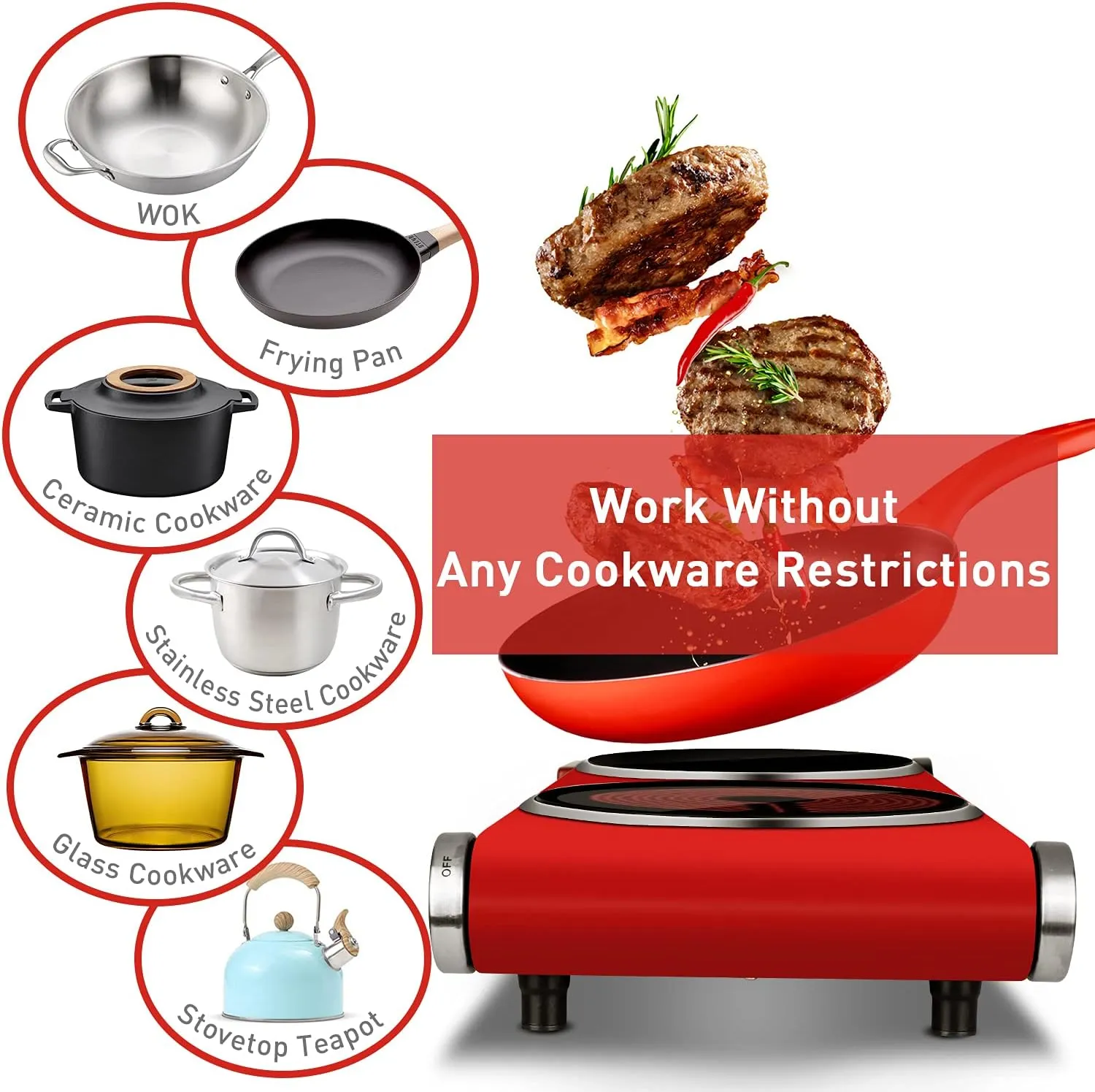 Techwood Double Hot Plates for Cooking, 1800W Electric Stove Infrared Ceramic Countertop Burner with Dual Adjustable Temperature & Glass Cooktop for Home/RV/Camp, Compatible for All Cookwares, Red