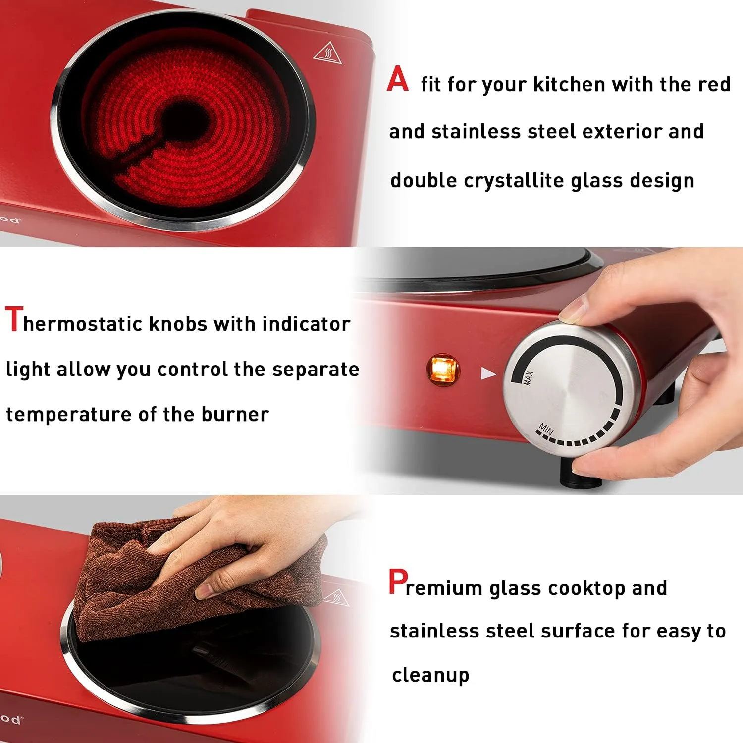 Techwood Double Hot Plates for Cooking, 1800W Electric Stove Infrared Ceramic Countertop Burner with Dual Adjustable Temperature & Glass Cooktop for Home/RV/Camp, Compatible for All Cookwares, Red