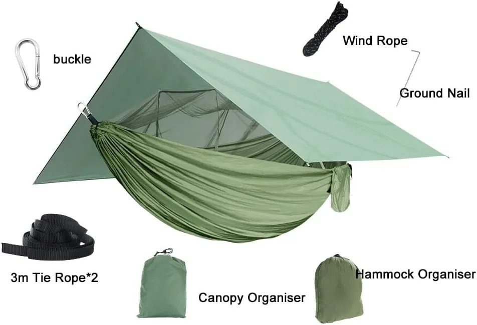 Tent Tarps,wild Camping,Portable Camping Hammock Kit, Single and Double Hammock, Mosquito Net, Insect Net, Rain Fly, High Strength Parachute Cloth Hammock(Army green black)