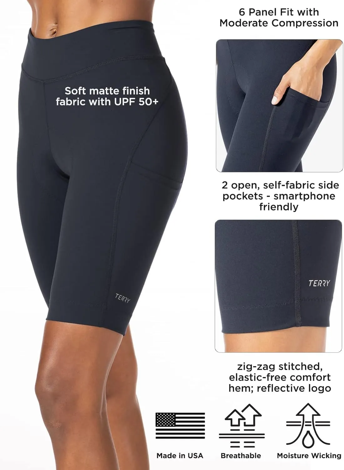 Terry Bike Shorts Women Padded Wayfarer 11 Inch Long Compression Shorts for Women Cycling UPF 50  Touring Bike Shorts