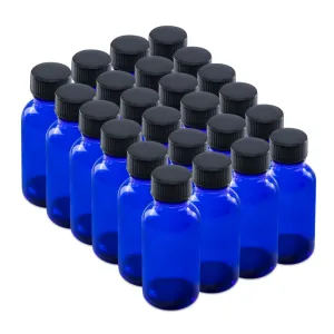 The Bottle Depot - 24 Pack - 1 oz Glass Bottle With Cap - Blue - 20-400 Neck Finish - Boston Round Bottles - UV Rays Protection