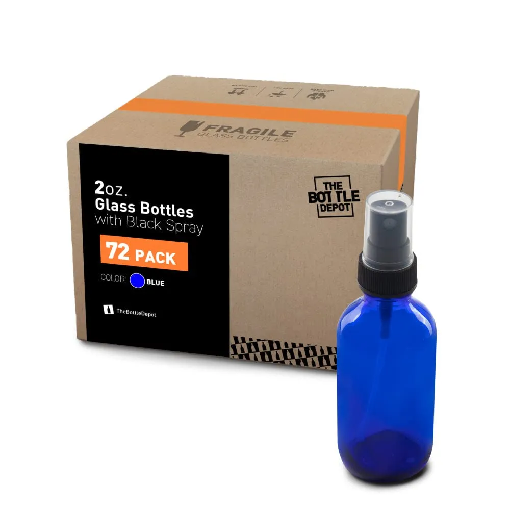 The Bottle Depot - 72 Pack - 2 oz Glass Spray Bottle - Blue - 20-400 Neck Finish - Boston Round Bottles - UV Rays Protection