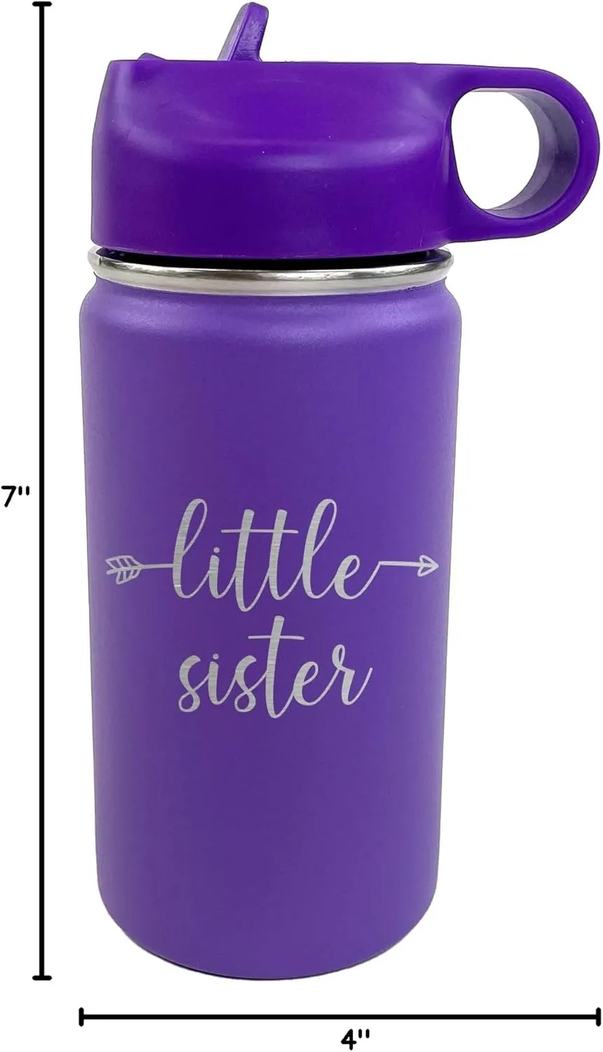 The Crafty Engineer Big Sister Big Brother Kids Water Bottle, Engraved Design with Flip Top Lid (Purple)