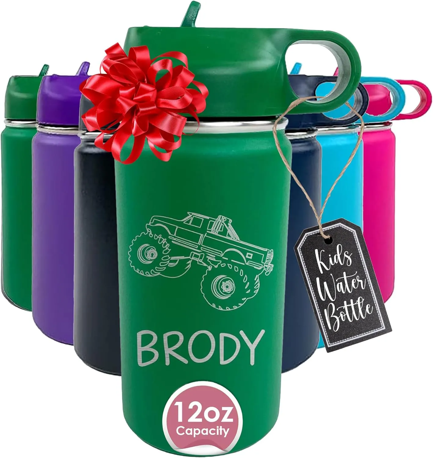 The Crafty Engineer Personalized Monster Truck Water Bottle for Kids -Engraved Cup for School & Sports (Green)