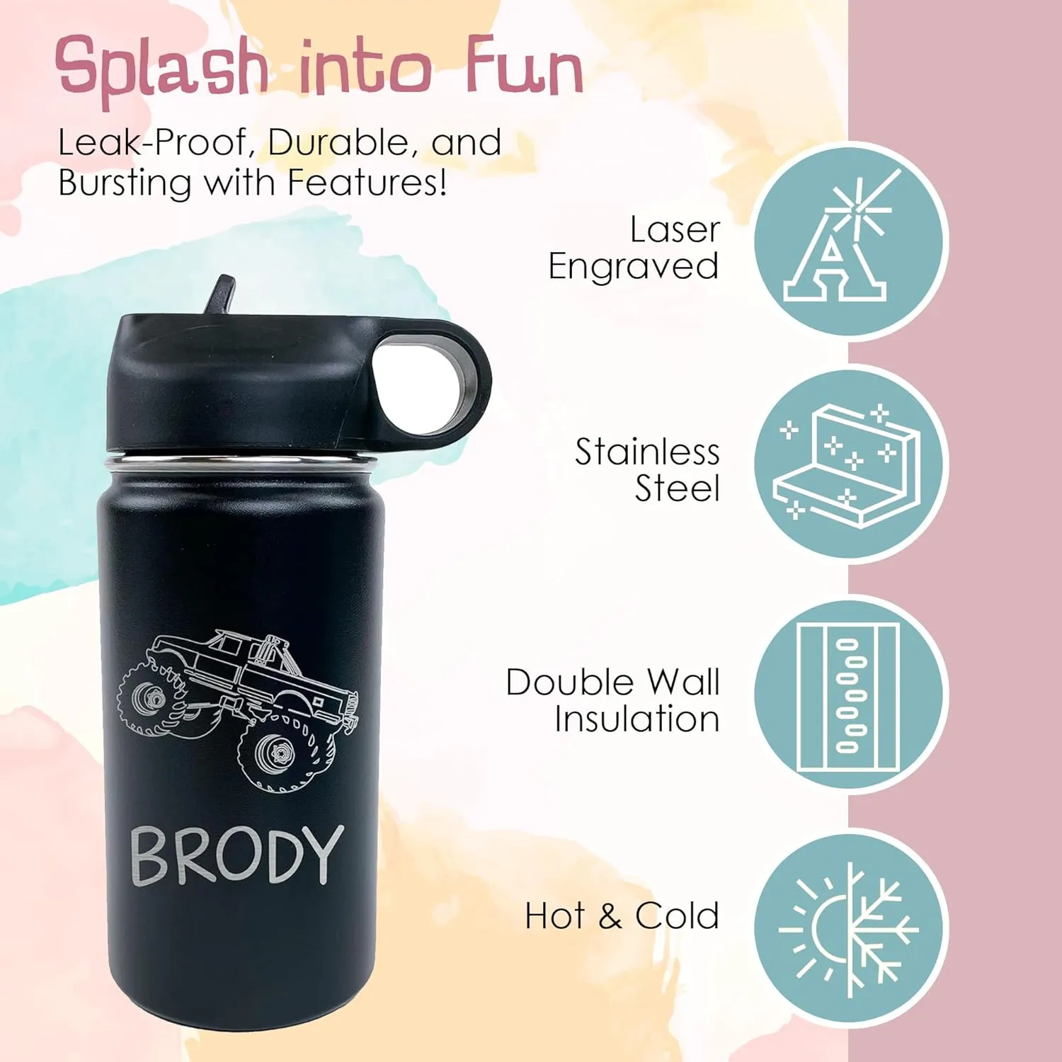 The Crafty Engineer Personalized Monster Truck Water Bottle for Kids -Engraved Cup for School & Sports (Green)