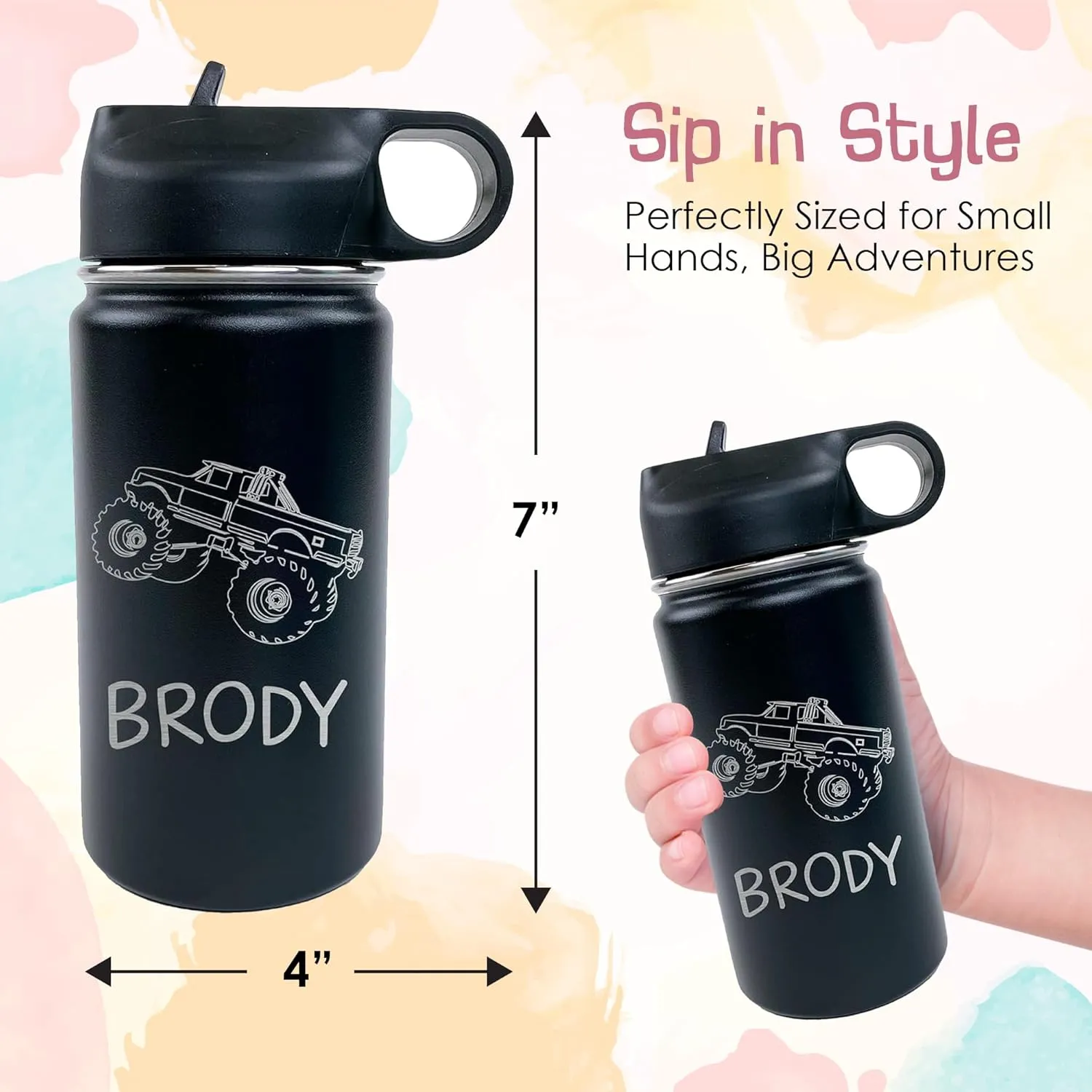 The Crafty Engineer Personalized Monster Truck Water Bottle for Kids -Engraved Cup for School & Sports (Green)