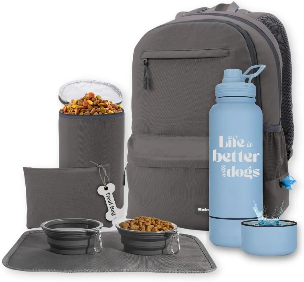 The Original Doggy Bag Backpack (Dark Grey) & 32oz Insulated Water Bottle with Attached 8oz Bowl (Life is Better with Dogs) – Dog Travel Backpack & Hydration Set