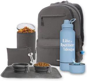 The Original Doggy Bag Backpack (Dark Grey) & 32oz Insulated Water Bottle with Attached 8oz Bowl (Life is Better with Dogs) – Dog Travel Backpack & Hydration Set