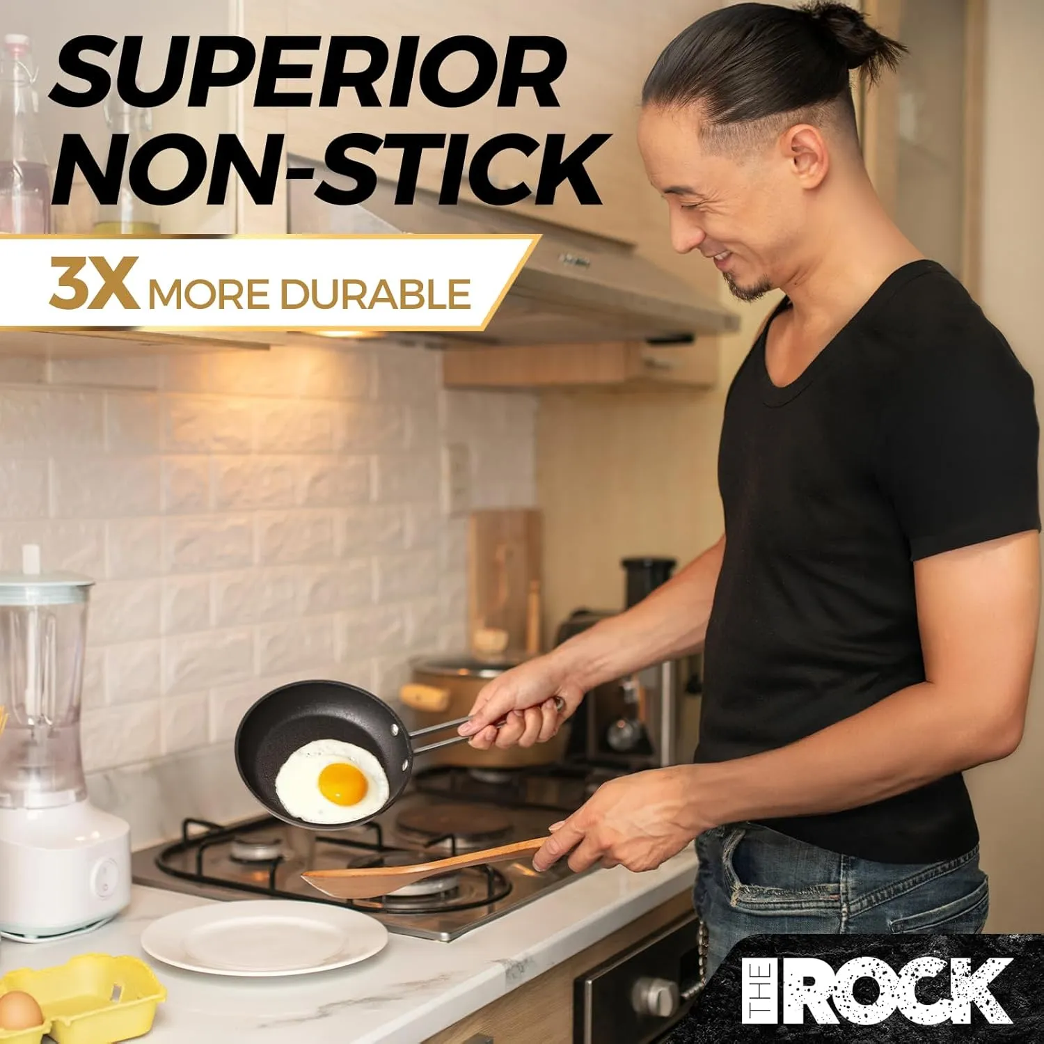 THE ROCK Single Serve Nonstick Pots and Pans Set, 6pc Portion Control Cookware Set with Rock.Tec, Stackable Set with Stainless Steel Handle, Scratch/Stain/Crack Proof, Oven & Dishwasher Safe, Black