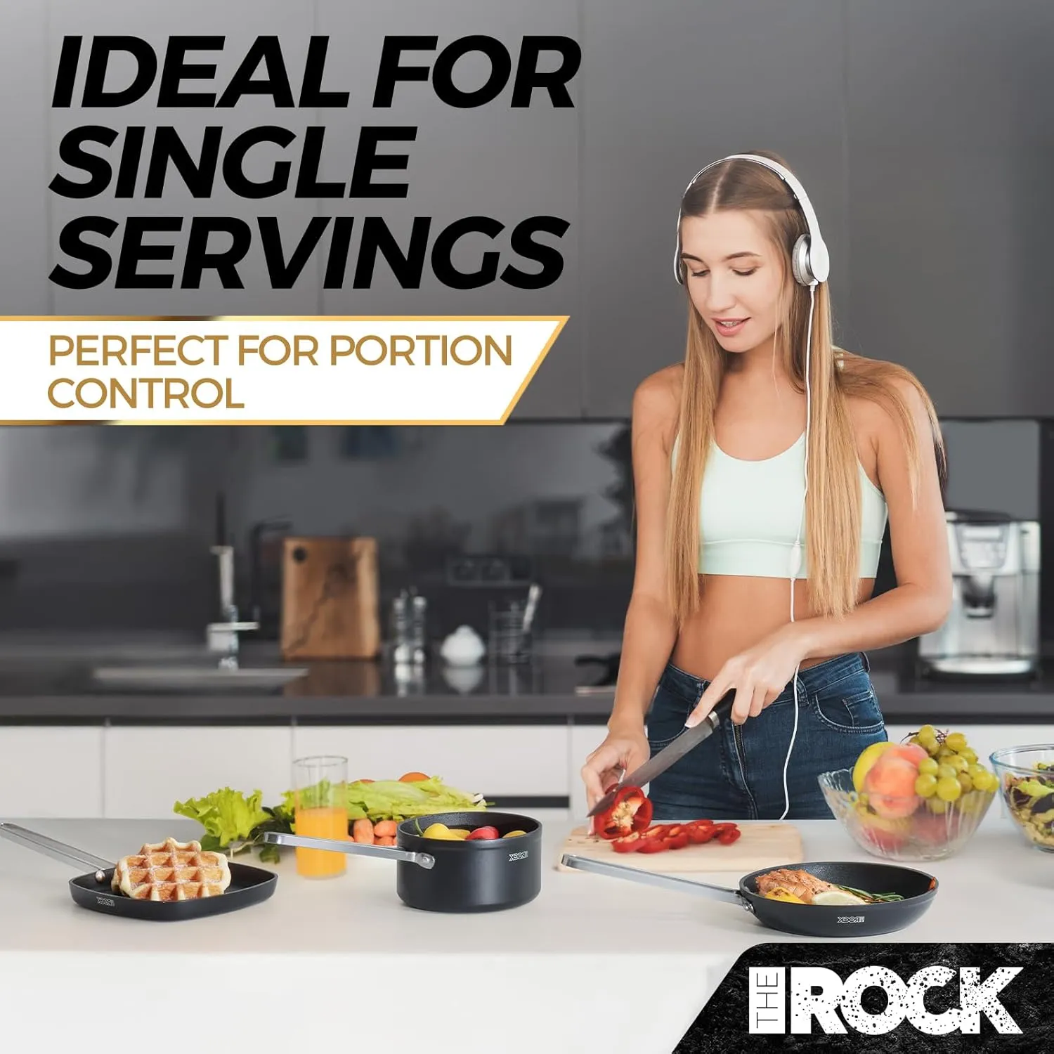 THE ROCK Single Serve Nonstick Pots and Pans Set, 6pc Portion Control Cookware Set with Rock.Tec, Stackable Set with Stainless Steel Handle, Scratch/Stain/Crack Proof, Oven & Dishwasher Safe, Black