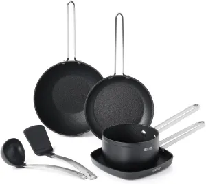 THE ROCK Single Serve Nonstick Pots and Pans Set, 6pc Portion Control Cookware Set with Rock.Tec, Stackable Set with Stainless Steel Handle, Scratch/Stain/Crack Proof, Oven & Dishwasher Safe, Black