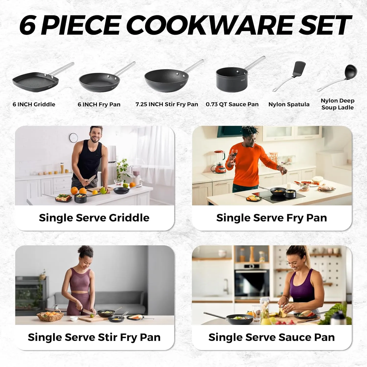 THE ROCK Single Serve Nonstick Pots and Pans Set, 6pc Portion Control Cookware Set with Rock.Tec, Stackable Set with Stainless Steel Handle, Scratch/Stain/Crack Proof, Oven & Dishwasher Safe, Black