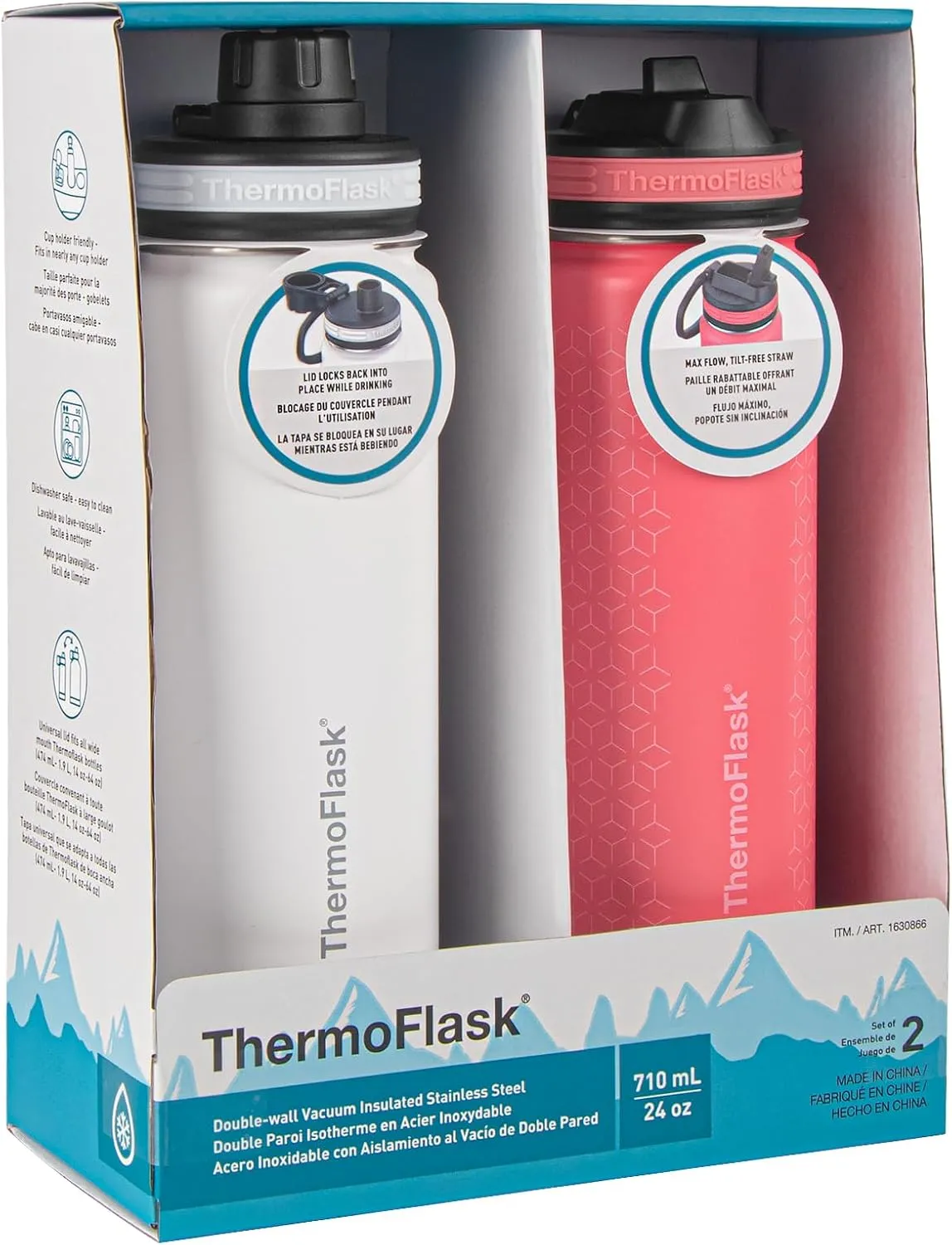 ThermoFlask 24 oz Double Wall Vacuum Insulated Stainless Steel 2-Pack of Water Bottles, White / Coral