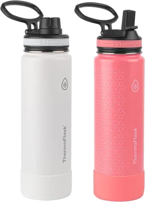 ThermoFlask 24 oz Double Wall Vacuum Insulated Stainless Steel 2-Pack of Water Bottles, White / Coral