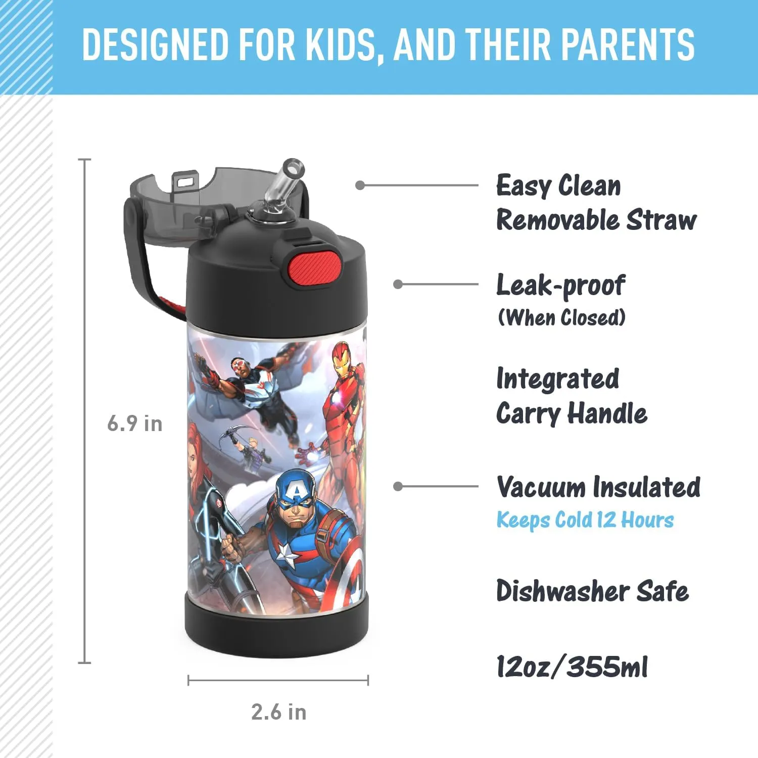 THERMOS FUNTAINER Water Bottle with Straw - 12 Ounce - Kids Stainless Steel Vacuum Insulated Water Bottle with Lid, Avengers