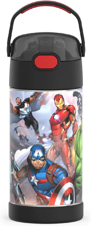 THERMOS FUNTAINER Water Bottle with Straw - 12 Ounce - Kids Stainless Steel Vacuum Insulated Water Bottle with Lid, Avengers