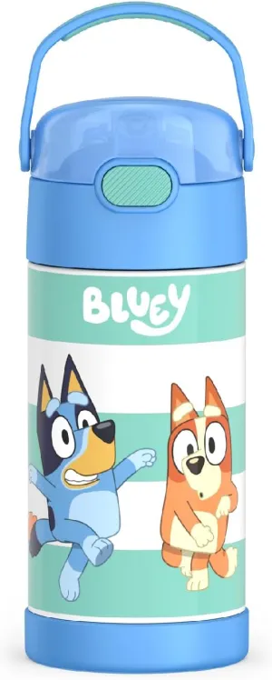 THERMOS FUNTAINER Water Bottle with Straw - 12 Ounce - Kids Stainless Steel Vacuum Insulated Water Bottle with Lid, Bluey