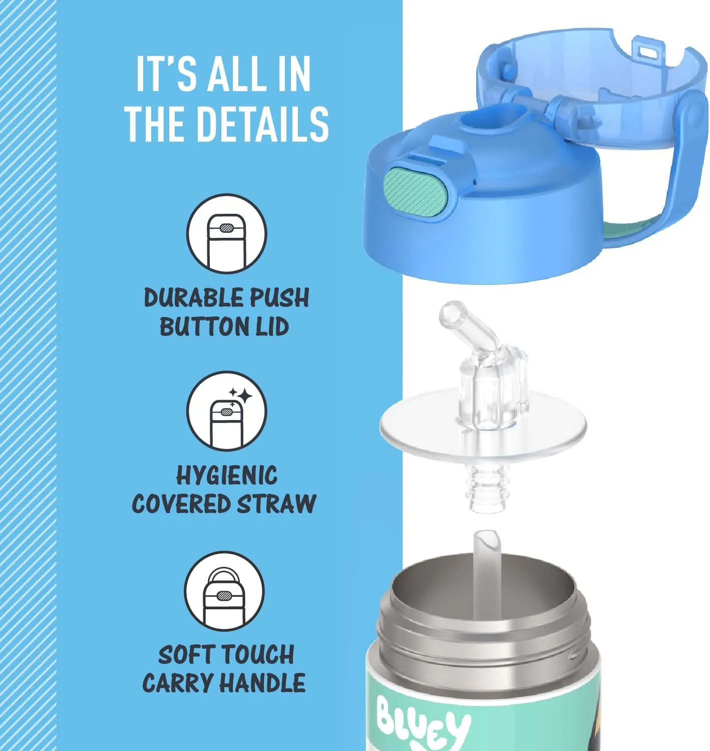 THERMOS FUNTAINER Water Bottle with Straw - 12 Ounce - Kids Stainless Steel Vacuum Insulated Water Bottle with Lid, Bluey