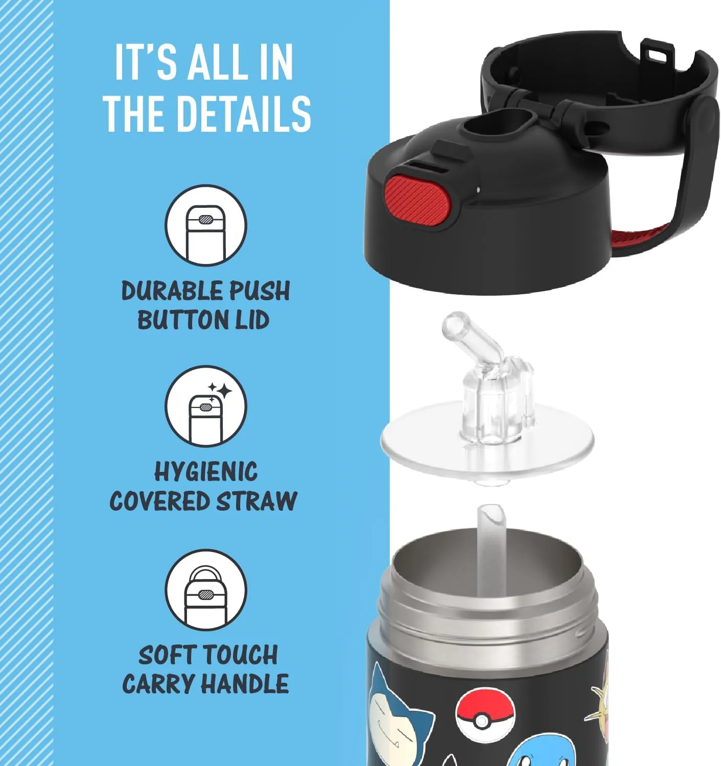 THERMOS FUNTAINER Water Bottle with Straw - 12 Ounce - Kids Stainless Steel Vacuum Insulated Water Bottle with Lid, Pokémon