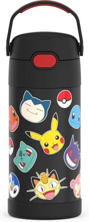 THERMOS FUNTAINER Water Bottle with Straw - 12 Ounce - Kids Stainless Steel Vacuum Insulated Water Bottle with Lid, Pokémon