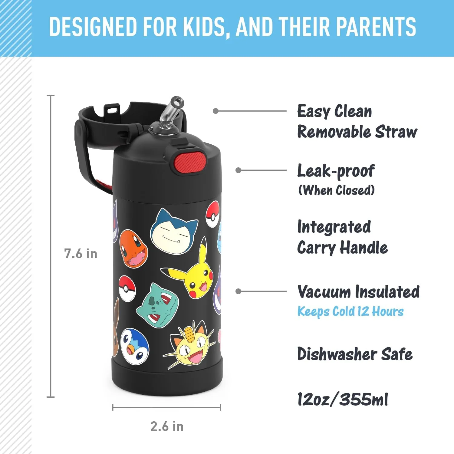 THERMOS FUNTAINER Water Bottle with Straw - 12 Ounce - Kids Stainless Steel Vacuum Insulated Water Bottle with Lid, Pokémon