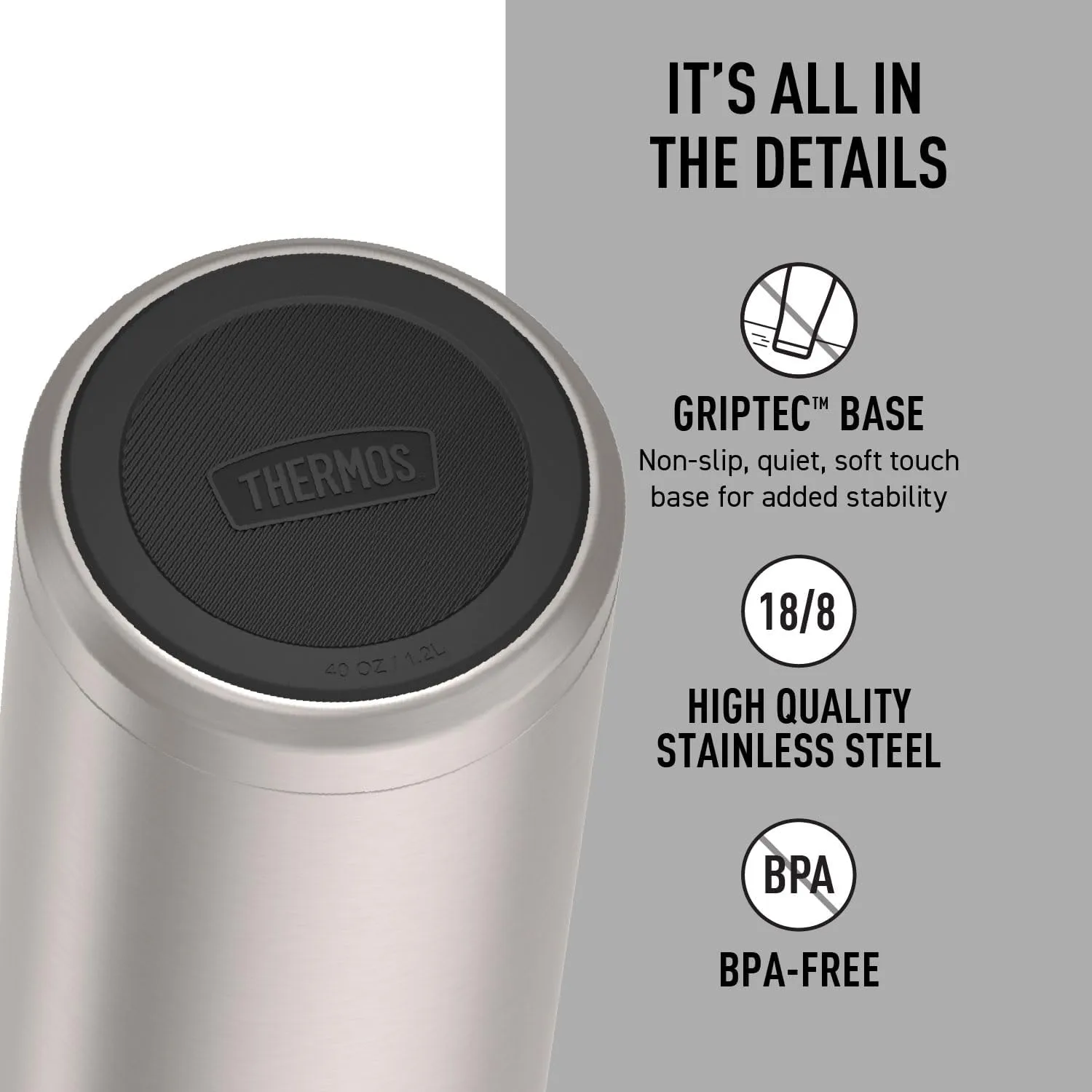 THERMOS ICON SERIES Stainless Steel Water Bottle with Screw Top Lid - 40 Ounce, Matte Stainless Steel - Vacuum Insulated Water Bottle with Lid
