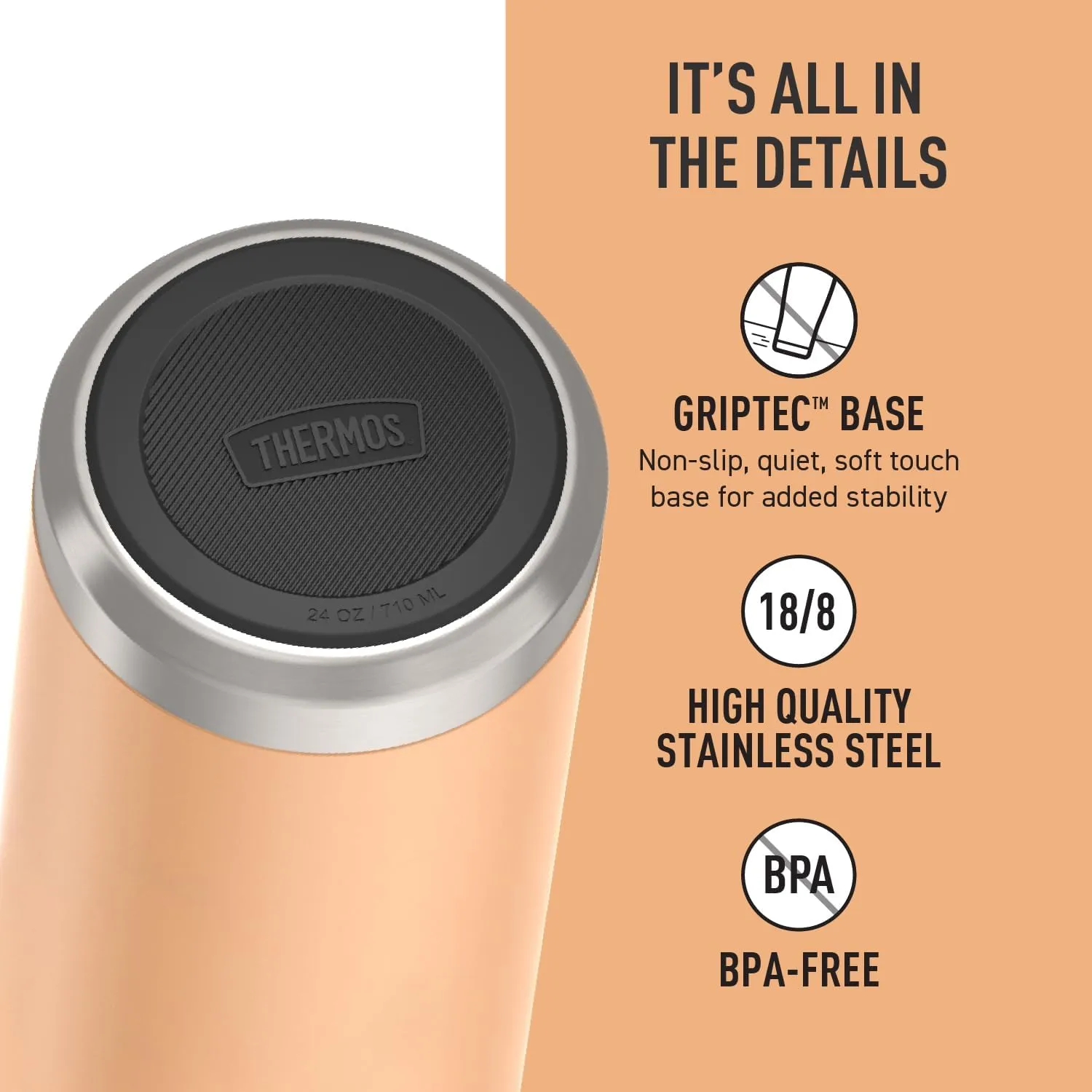 THERMOS ICON SERIES, Stainless Steel Water Bottle with Spout - 24 Ounce, Melon - Vacuum Insulated Water Bottle with Lid
