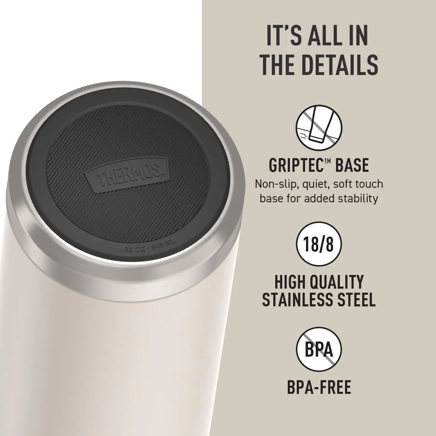 THERMOS ICON SERIES, Stainless Steel Water Bottle with Straw Lid, 32 Ounce, Sandstone