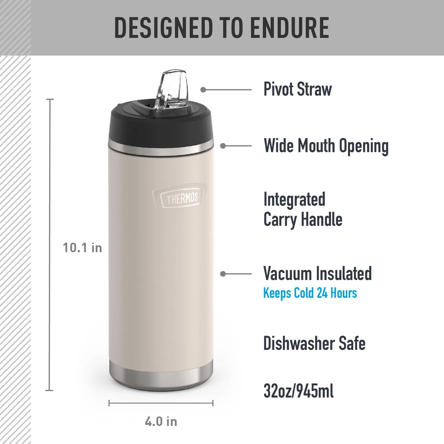 THERMOS ICON SERIES, Stainless Steel Water Bottle with Straw Lid, 32 Ounce, Sandstone