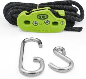 Tie Boss - 3/8 Inch, Heavy Duty, (300 lbs Working Load Limit), Weather Resistant, Tie Down, Rope Tightening System, (w/15 ft Rope) - Green