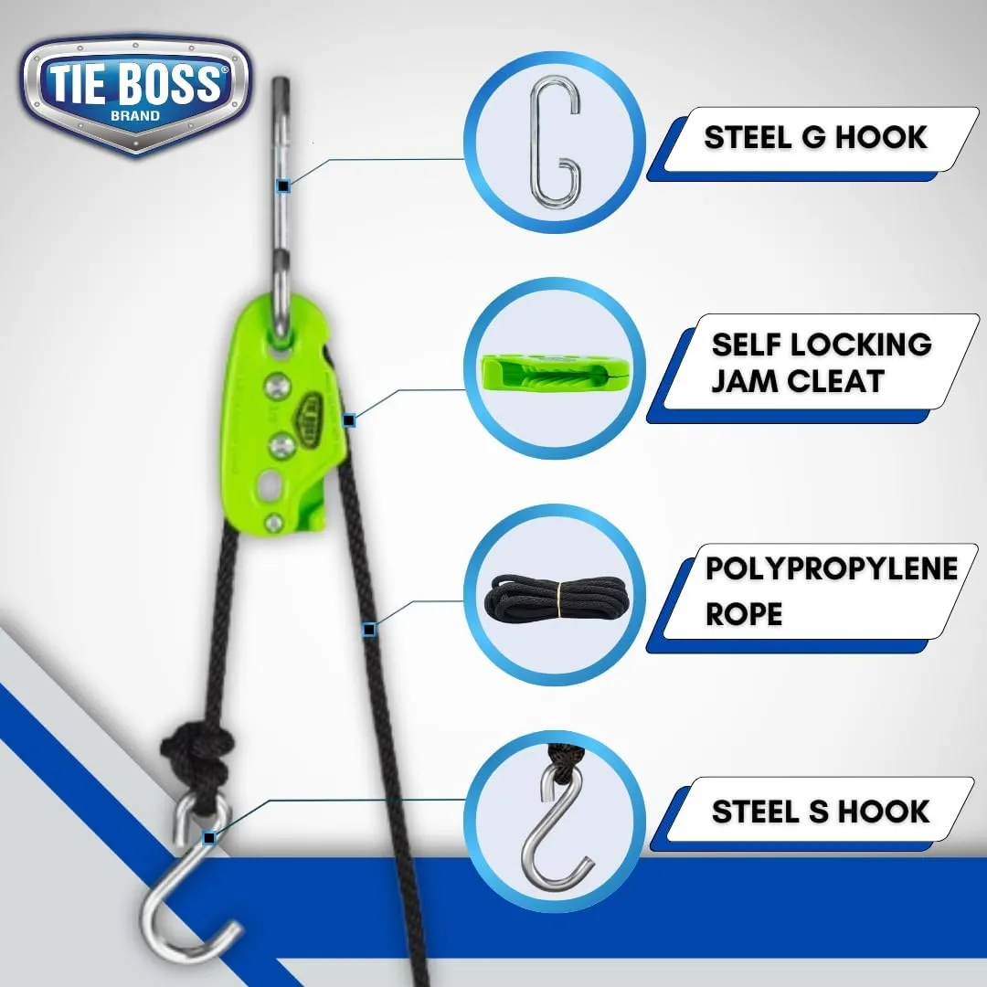 Tie Boss - 3/8 Inch, Heavy Duty, (300 lbs Working Load Limit), Weather Resistant, Tie Down, Rope Tightening System, (w/15 ft Rope) - Green