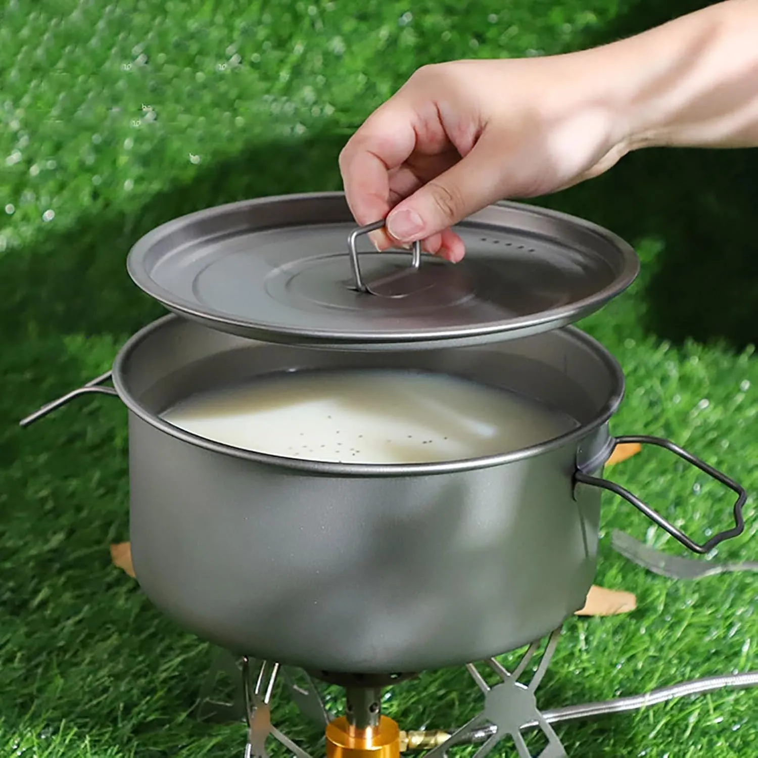 Titanium Camping Cookware, Camping Cooking Set with Folding Handle, Survival Pot for Outdoor Backpacking Hiking Picnic