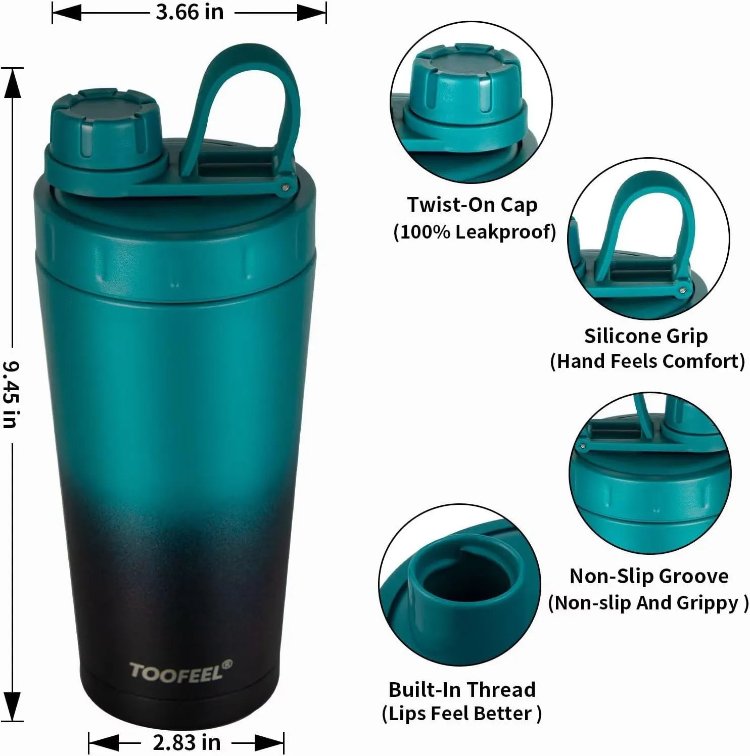 TOOFEEL Shaker Bottle Stainless Steel - 20 oz Double Walled Insulated Shaker Cups for Protein Shakes, Keeps Cold/Hot, Shaker Bottle for Protein Mixes, Gym Workout Protein Shaker Bottle
