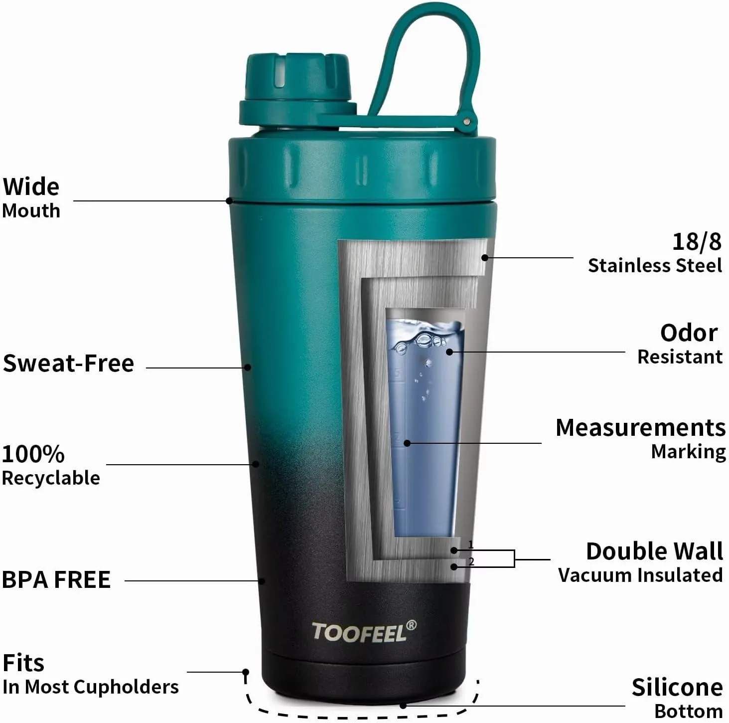 TOOFEEL Shaker Bottle Stainless Steel - 20 oz Double Walled Insulated Shaker Cups for Protein Shakes, Keeps Cold/Hot, Shaker Bottle for Protein Mixes, Gym Workout Protein Shaker Bottle