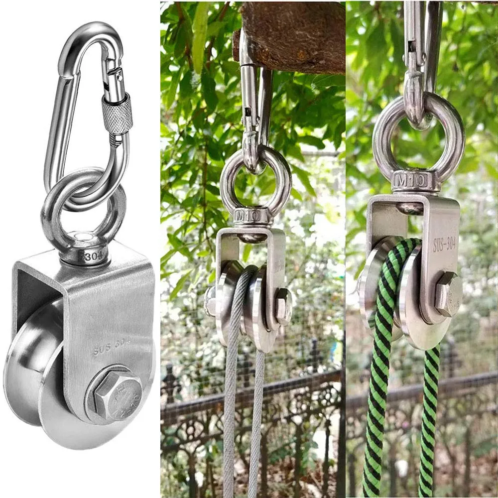 TooTaci 48MM Stainless Steel Crane Pulley Block and Tackle Pulley System, Heavy Duty Bearing Inside V Type Swivel Pulleys Wheel for Rope, with 1/4" Nylon Rope 33ft & Spring Snap Clip Link Hooks