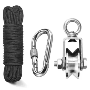 TooTaci 48MM Stainless Steel Crane Pulley Block and Tackle Pulley System, Heavy Duty Bearing Inside V Type Swivel Pulleys Wheel for Rope, with 1/4" Nylon Rope 33ft & Spring Snap Clip Link Hooks