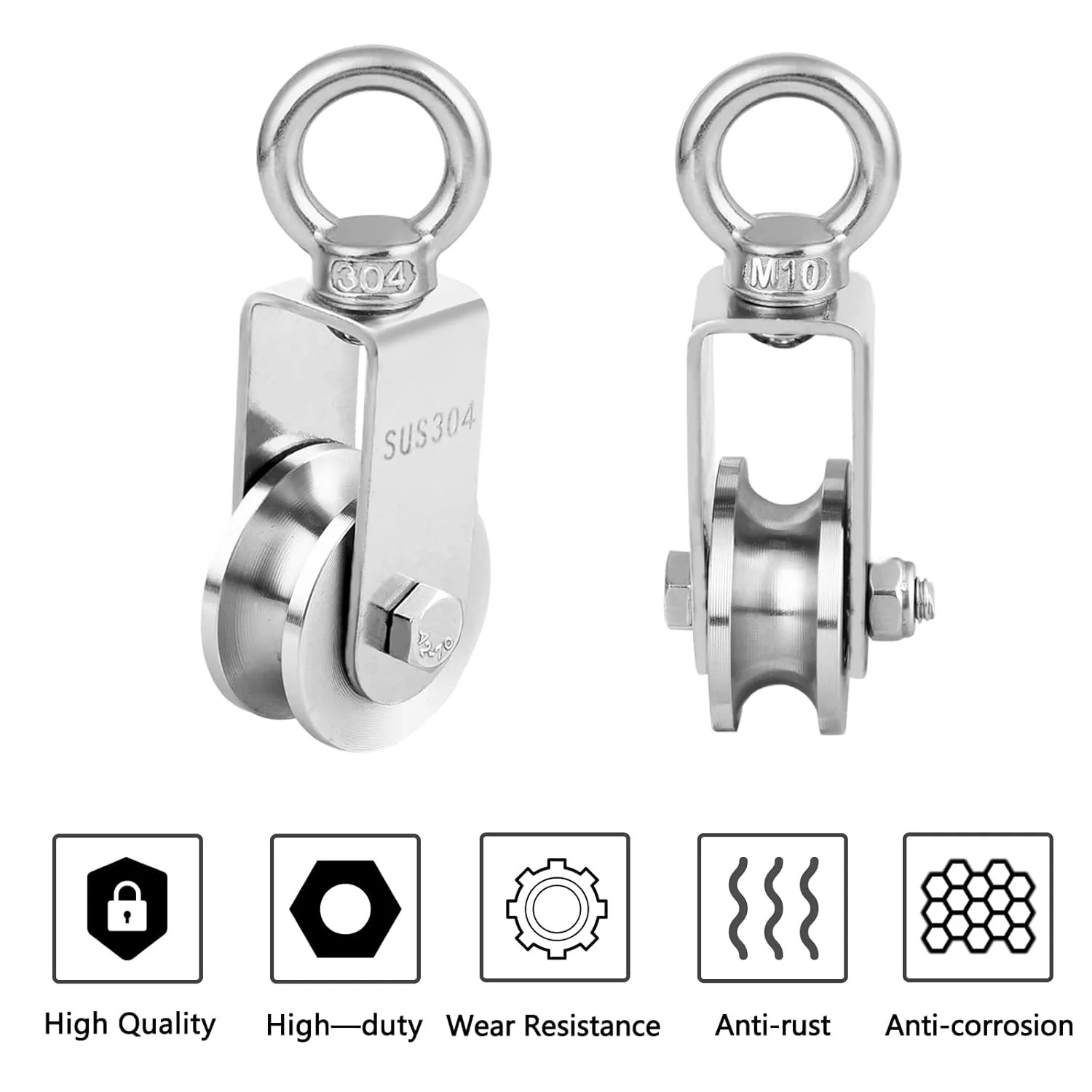 TooTaci 48MM Stainless Steel Crane Pulley Block and Tackle Pulley System, Heavy Duty Bearing Inside V Type Swivel Pulleys Wheel for Rope, with 1/4" Nylon Rope 33ft & Spring Snap Clip Link Hooks