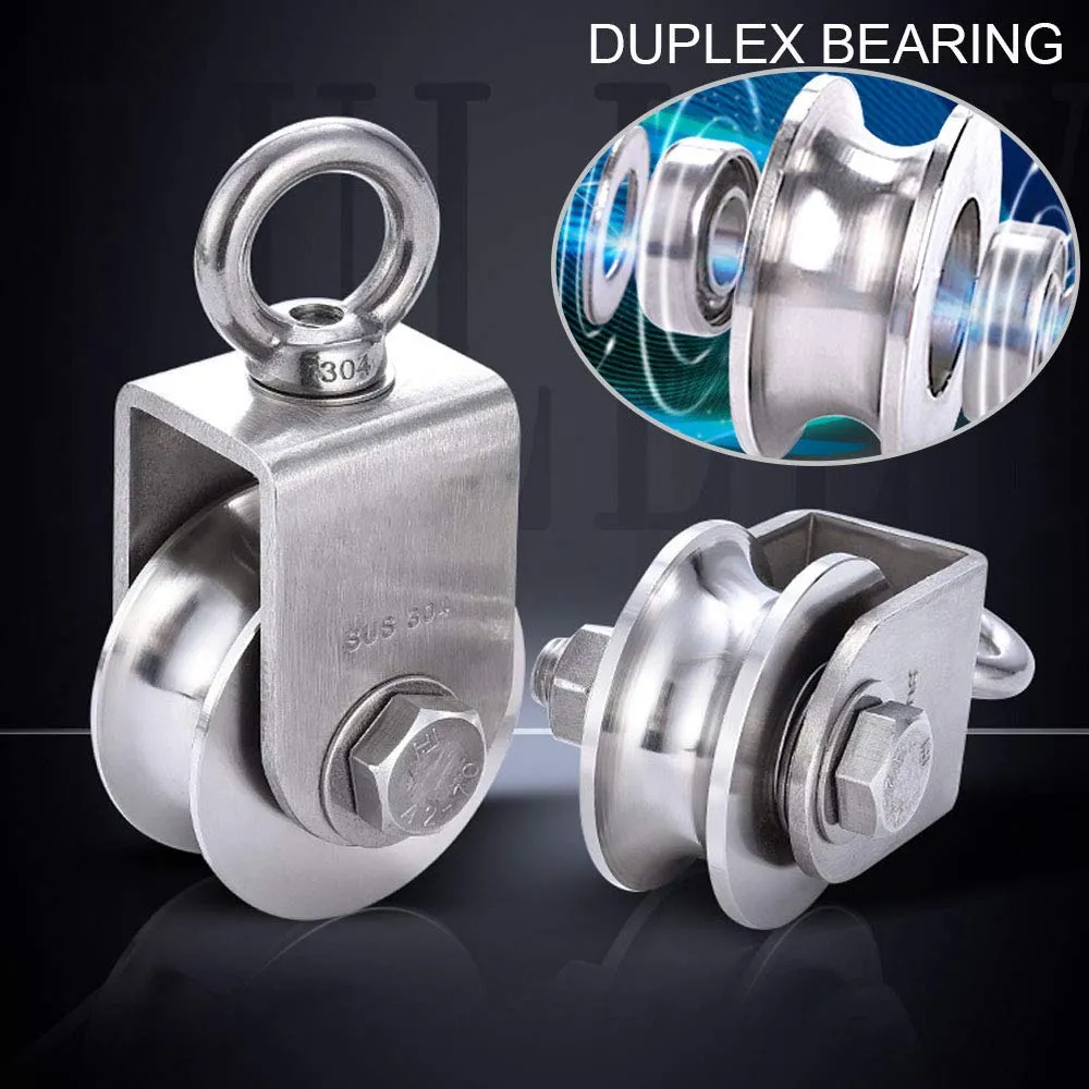 TooTaci 48MM Stainless Steel Crane Pulley Block and Tackle Pulley System, Heavy Duty Bearing Inside V Type Swivel Pulleys Wheel for Rope, with 1/4" Nylon Rope 33ft & Spring Snap Clip Link Hooks